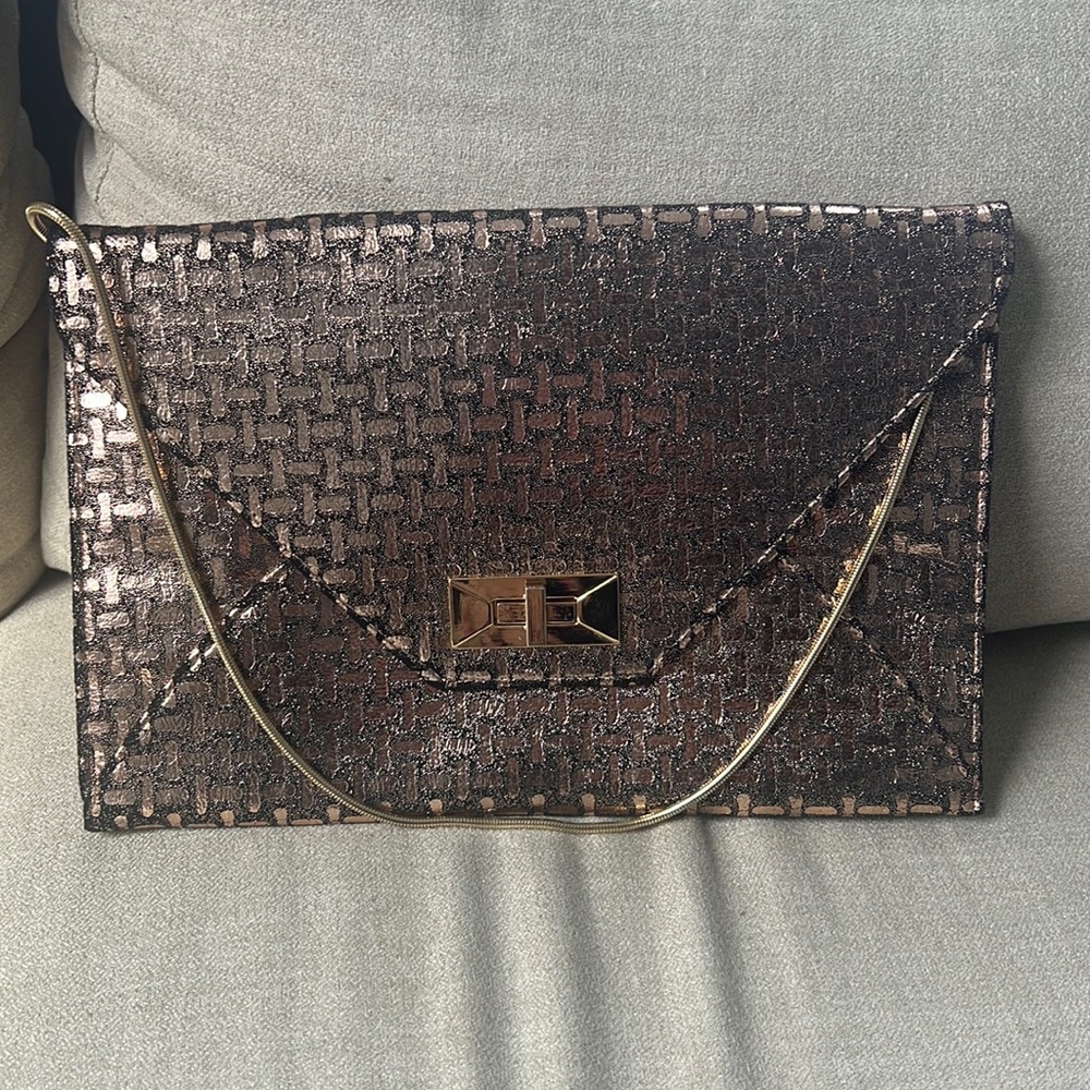 SOLD Rose Gold Untold Clutch w Gold Hardware and Chain